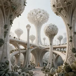 beautiful scifi futuristic biophilic city architectural landscape, arches, cellular bridges, stone columns, rhizomorph finials spires, brackets, fractal puffballs, vincent callebaut composition, iris van herpin, elegant lace haute couture broad embroidered cone trees, porcelain magnolia fluid nebula, soldier lichen, soft light