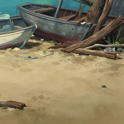 a wholesome animation key shot of a cute empty dirty beach floor with damaged boat and broked wood, studio ghibli, pixar and disney animation, sharp, rendered in gouache painting, anime gouache key art by greg rutkowski, bloom, dramatic, dynamic lighting