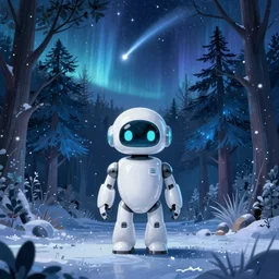 A retro glossy white robot stands in the middle of a forest in the centre of the frame. softly glowing blue trees at night. The sky above has many stars and a beautiful blue aurora. Comet in the middle of the sky. The ground is icy and it is snowing. Cyril Roland naomi okubo. Trending on artstation. Digital painting.