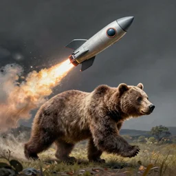 a bear running to catch a rocket ship that already launched, digital painting, fine detail, matte finish
