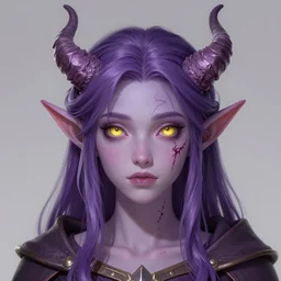 a portrait of a cute tiefling girl with a scar along her face, skin colour purple, horns from her head, yellow eyes, cleric, dnd art, fantasy, digital art, high quality.