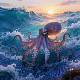 insanely psychedelic ocean, intense waves, backlit octopus, sunset, refracted lighting, paisley pattern, elegant, 8 k resolution, intricate and fine details, digital painting, artstation, illustration, psychedelic ocean art, krenz cushart, alphonse mucha