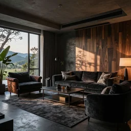 a tastefully decorated living room with dark luxurious furnishings, and a mix of antique and modern furniture, and a mix of concrete and wood finishes, dark dreamy lighting