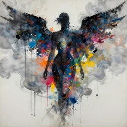 abstract portrait of full body dark serpent female silhouette, wings, clouds in the background, beautiful abstract full body, safe for work rembrandt light female shape, center bottom frame, face symmetry, colorful spray paint splatters, expressive, abstract art, by greg rutkowski, by jeremy mann, by francoise nielly, 4 k, 8 k, correct body proportion, cinematic style, female shape