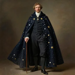 a victorian era friar, cape, stars, sincere, modern maximalist suit, is ( ( holding a cane ) ). light dust, magnificent, hyperdetailed, theatrical, painted by jean honore fragonard and greg rutkowski