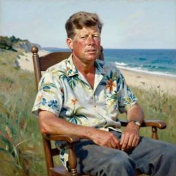 far portrait of john f kennedy, wrinkled, grey hair sitting on rocking chair, landscape of nantucket beach, dunes, ocean, bluff, handsome, hawaiian shirt, oil on canvas by william sidney mount - 1 9 8 2, trending on artstation