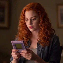 a still of Christina Hendricks playing with a Gameboy, in Stranger Things, highly detailed and intricate, cinematic lighting, 8k remastered HDR