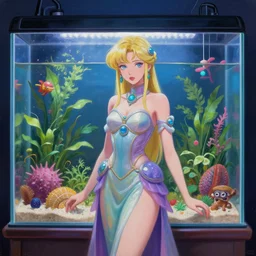 aztec scifi princess in a planted aquarium, wearing a lovely dress with vaporwave elements. this oil painting by the award - winning mangaka has an interesting color scheme and impeccable lighting.