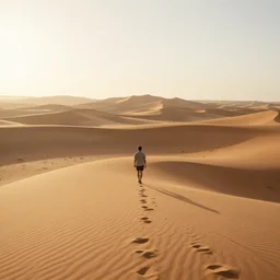 a person walking into the desert in morning, desert dunes, artstation, cgsociety