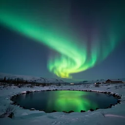 photo of the northern lights aurora borealis in a night sky over a serene pond in iceland, winter, nature photography