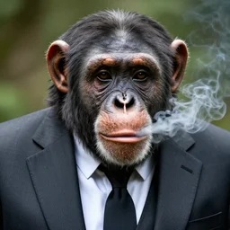 a high detail shot of a  chimp wearing a suit and smoking