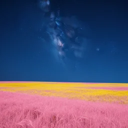 landscape, pink, yellow, blue, hyper realism, stars, night sky,