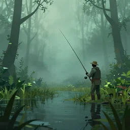 artistic swamp with mystic fog, water on the foreground, from horror movies, artstation, low poly vegetation, fisher with fishing rode