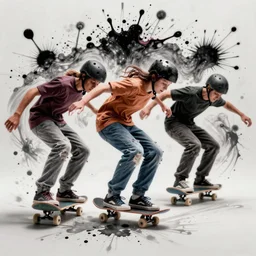terrifying trompe l'oiel image of three skateboarders,  confusing optical illusion, splatter ink and hyperrealism, macro photography 8k,  this picture looks different from far away