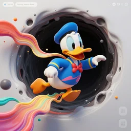 Duffy Duck, delicately positioned and entwined in vibrant fluid hues, is being drawn and spaghettified into a blackhole, Fantasy, hyperrealism, 4k, volumetric lighting, three dimensions, spaghettification, a digitally transformed world, user interface design, 3D modeling, artstation, illustration, and transportation design. art by Andrew Chiampo, Frederik Heyman and Jonathan Zawada,