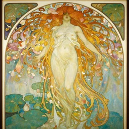 a beautifull intricate painting of a disembodied soul surrounded by flowing flower petals and waterlily leaves, vivid colors, artstation, by jeremy mann, by alphonse mucha,