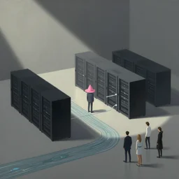 illustration of a data-center architecture or schema, security agent with pink hat, datastream or river, painting by Jules Julien, Leslie David and Lisa Frank and Peter Mohrbacher and Alena Aenami and Dave LaChapelle muted colors with minimalism