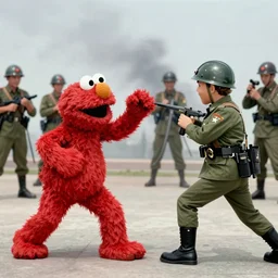 Elmo from Sesame Street fighting in Vietnam War, 1960s color photograph