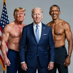 muscular joe biden with muscular donald trump and muscular obama standing, highly detailed, high quality, hd, 4 k, 8 k, canon 3 0 0 mm, professional photographer, 4 0 mp, lifelike, top - rated, award winning, realistic, sharp, no blur, edited, corrected, trending