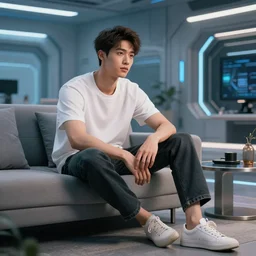 a professional photograph of a very handsome young guy in 2 0 5 0, futuristic living room setting