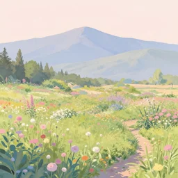 garden of eden against the backdrop of mountains. pastel