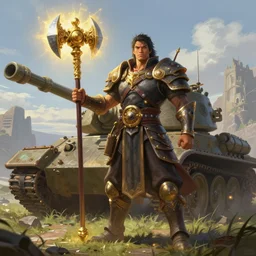 a filipino man holding a golden mace standing next to a tank, fantasy, digital painting, d & d, character by artgerm and ruan jia, landscape by greg rutkowski, volumetric light, intricate, sharp, focus, bloom, illustration, highly detailed, concept art, masterpiece