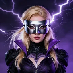 character concept portrait, symmetrical head-on centralized, Mia Dearden, mask, blond, black and violet costume. Detailed, high quality, dynamic lightning, fantasy. Artwork by Artgerm, WLOP, Alex Ross, Greg Rutknowski, Alphonse Mucha
