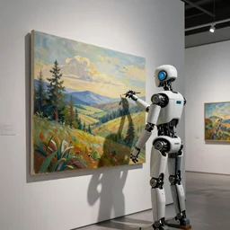 A photo of robot drawing a painting for the first time, in a modern art gallery