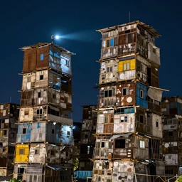 close - up view of towers made up of makeshift squatter shacks, night time, flash light, mamiya, f 1. 7, fine details, photographed by cezanne and pollock