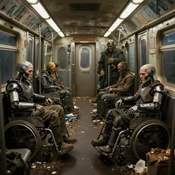 wallpaper of old disabled homeless cyborgs in dirty subway car, garbage on ground, from scifi movie by digital domain and weta digital, in style of thomas eakins, textures, ambient occlusion, volumetric lighting, raytracing