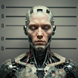 amazing impressive awesome stunning insane highly detailed fantastic overwhelming cinematic masterpiece soft lighting sharp focus, grainy photo, a criminal mugshot, cyborg cyborg cyborg cyborg implant wires
