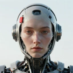 portrait of sentient machine with oval helmet with a red chip on left side, by greg rutkowski, wlop, beeple, dan mumford, octane render, trending on artstation, symmetrical artwork. cinematic, key art, hyperrealism, high detail, 8 k