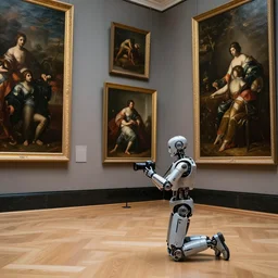 a professional photo of a museum full of classical oil paintings. on the floor there is a futuristic hi tech humanoid holding a camera.