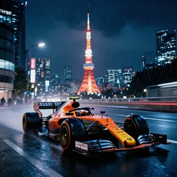 a 1 9 3 5 mclaren f 1, speeding down tokyo highway in the rain, night time, neon lights, thunderstorm, movie still from the movie bladerunner 2 0 4 9