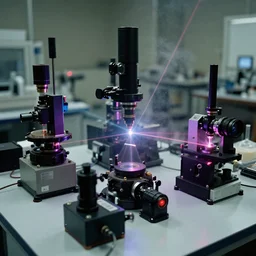 high tech optical instruments mounted on a large table, extremely detailed, many devices diffracting laser beams through smoke, few colors, scientific laboratory experiments, photoreal, new equipment, analog nikon photo, dust particles in the air, blurred background