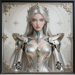 beautiful mural of the young cyborg empress, piercing glowing eyes, elegant, futuristic royal gown, detailed ornaments, striking composition, highly detailed ornate sci fi background, vogue poses, striking composition, highly detailed ornate sci fi background, vivid details, amalgamation of nature and technology, wires, glowing tubes, beautiful composition, mural in the style of sandro botticelli, caravaggio, albrecth durer, 8k