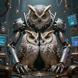 giant evil, malevolent, cyborg owls snuggling, surrounded by computer screens. steampunk. this 4 k hd image is trending on artstation, featured on behance, well - rendered, extra crisp, features intricate detail and the style of unreal engine. volumetric lighting octane render