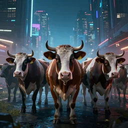 herd of cows in cyberpunk city night, ultrafine highly detailed hyper illustration, sharp focus, unreal engine highly rendered, global illumination, radiant light, subtle light fog