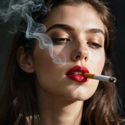woman smoking a cigarette, cigarette in mouth, cigarette in mouth, smoking, smoking, smoking, smoking, smoking a cigarette, smoke, red lipstick, close up
