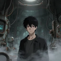 1 9 9 8 anime dystopian movie still : : mechanical old hall interior art : : young guy villain red eyes : : rusty future cables lab shadowed background : : staring sadly, fog and smoke