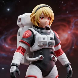 highly detailed plastecine model of a hopeful pretty astronaut lady with a wavy blonde hair, 4k resolution, nier:automata inspired, bravely default inspired, vibrant but dreary but upflifting red, black and white color scheme!!! ((Space nebula background))