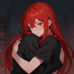 infp anime girl with red hair, gratefully hugging the ai, atmospheric, hyper detailed digital art