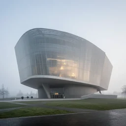 museum designed by renzo piano, award winning architecture, morning fog