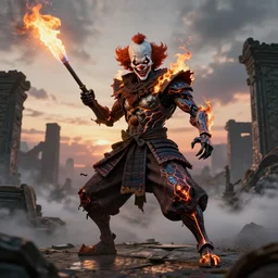 portrait of a diabolical cyborg clown samurai with a flamethrougher, wearing burning torn cape, dynamic pose, glowing eyes, ancient ruins, glowing veins subsurface scattering, in clouds, sunset, portrait, by gerald brom, by mikhail vrubel, by peter elson, muted colors, extreme detail, reflections, trending on artstation, 8 k