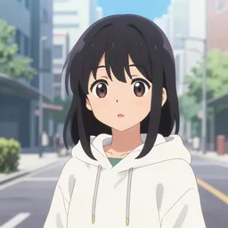 anime visual, illustration of a young black haired girl wearing hoodie on the detailed modern city street background, cute by yoh yoshinari, katsura masakazu, studio lighting, upper body shot, strong silhouette, zoom out, ilya kuvshinov, cel shaded, crisp and sharp, rounded eyes, bright daylight, moody, dynamic lighting