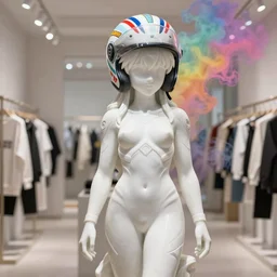 extremely beautiful photo of a white marble statue of an anime girl with colorful motocross logos and motorcycle helmet with closed visor, standing in an airy light fashion boutique, large space, colorful smoke in the background, carved marble statue, fine art, neon genesis evangelion, virgil abloh, offwhite, denoise, highly detailed, 8 k, hyperreal