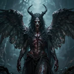 portrait of a mad human with angel wings, hell, 8K cinematic shot, very detailed, call of cthulhu, eldritch horror, necromancy