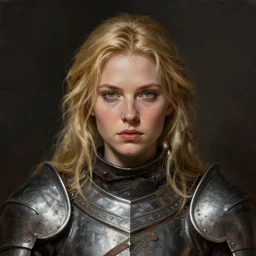head-on centered symmetrical painted portrait, Elisha Cuthbert as a knight, blonde hair, steel armour, dramatic lighting, intricate, wild, highly detailed, digital painting, smooth, sharp focus, illustration, dramatic lighting, artstation, in the style of Artgerm and Anna Podedworna