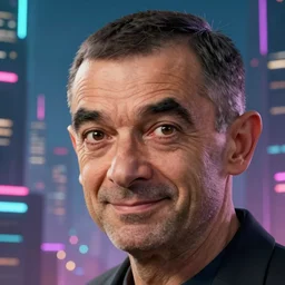 mr bean, head and shoulder shot, cyberpunk city, city background, 4k, beautiful face, trending on artstation, digital art
