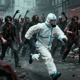 cinematic keyframe [ man in hazmat suit running from zombie horde ] by manchess, victo ngai, disco elysium, j. c. leyendecker, greg rutkowski, artem